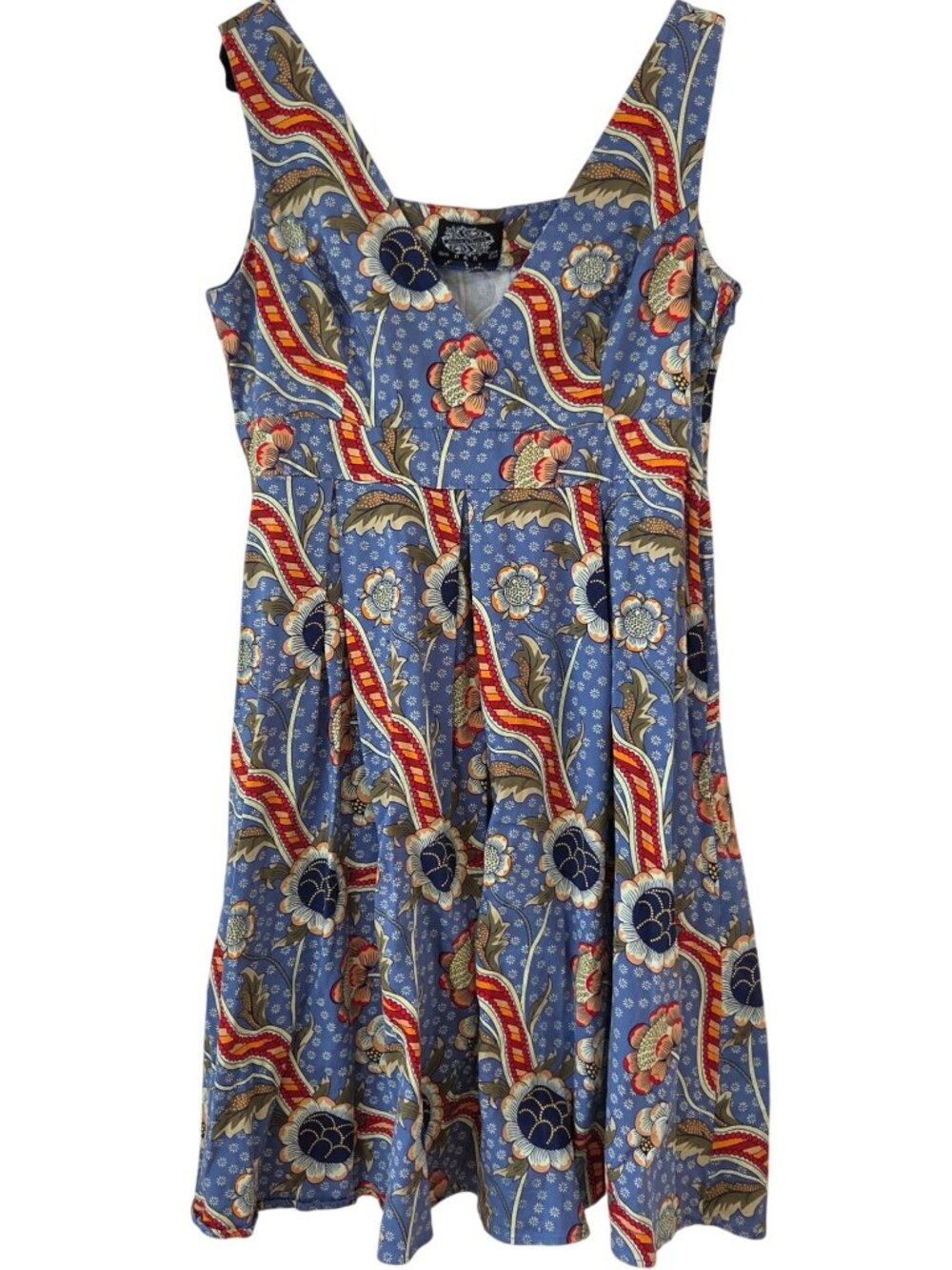Hearts & Roses Blue Floral Pinup Dress Rockabilly Sleeveless Women's 14